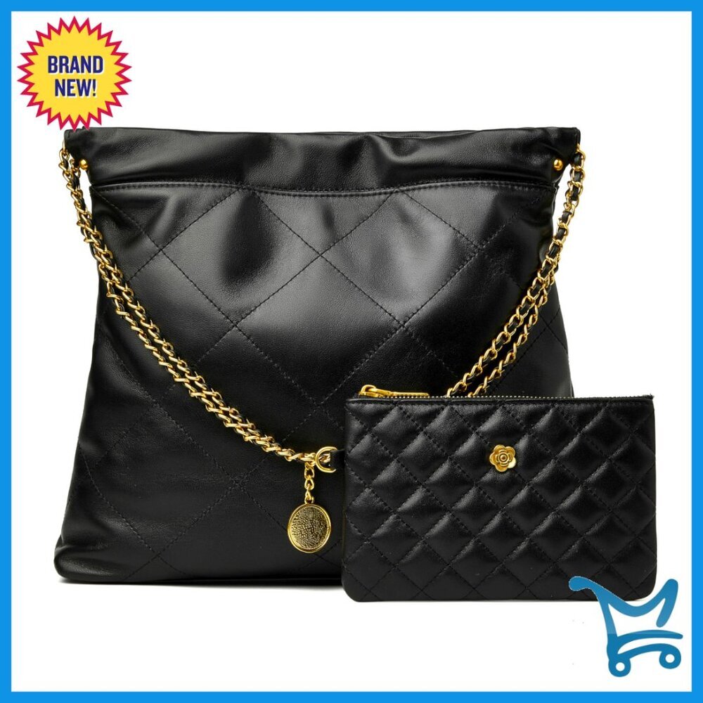 Leather Quilted Tote Bag Set with Small Clutch, Lambskin Shoulder Purse
